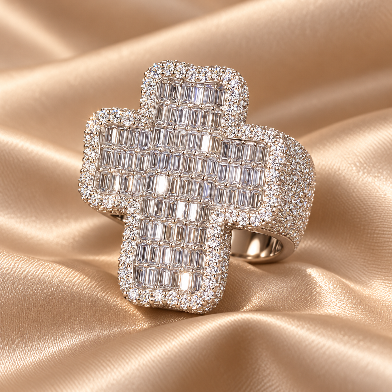 Baguette Cross Iced Out White Gold-Tone Hip Hop Ring – Custom Statement Jewelry