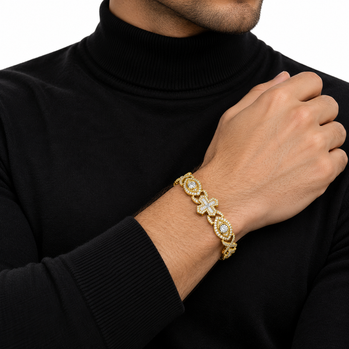 Iced Out Evil Eye & Cross Link Bracelet | Custom Hip Hop Jewelry