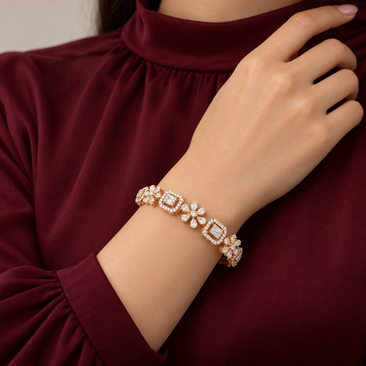 Pear-Cut Flower & Square Halo Gold-Tone Bangle Bracelet