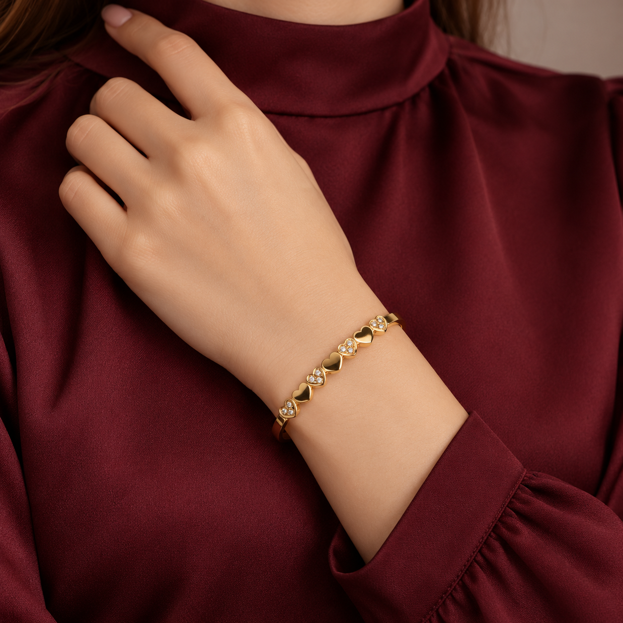 Alternating Heart Clear Stone Yellow Gold-Tone Bangle Bracelet