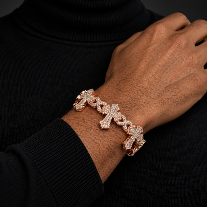 Iced Out Cross & Infinity Link Rose Gold-Tone Bracelet – Custom Hip Hop Jewelry