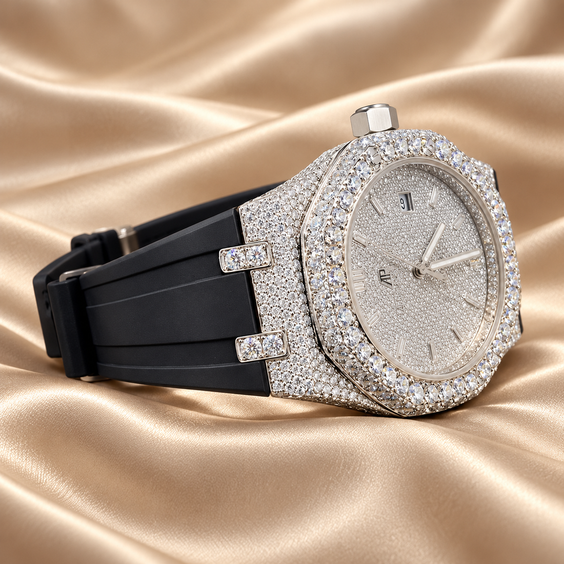 Iced Out Octagonal Silver-Tone Watch with Black Strap – Custom Diamond Statement Watch