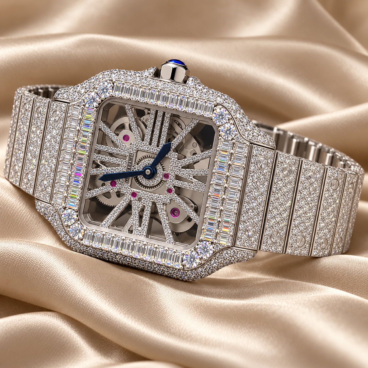 Iced Out Square Skeleton Baguette Bezel Watch – Custom Diamond Statement Watch