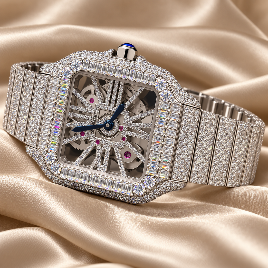 Iced Out Square Skeleton Baguette Bezel Watch – Custom Diamond Statement Watch