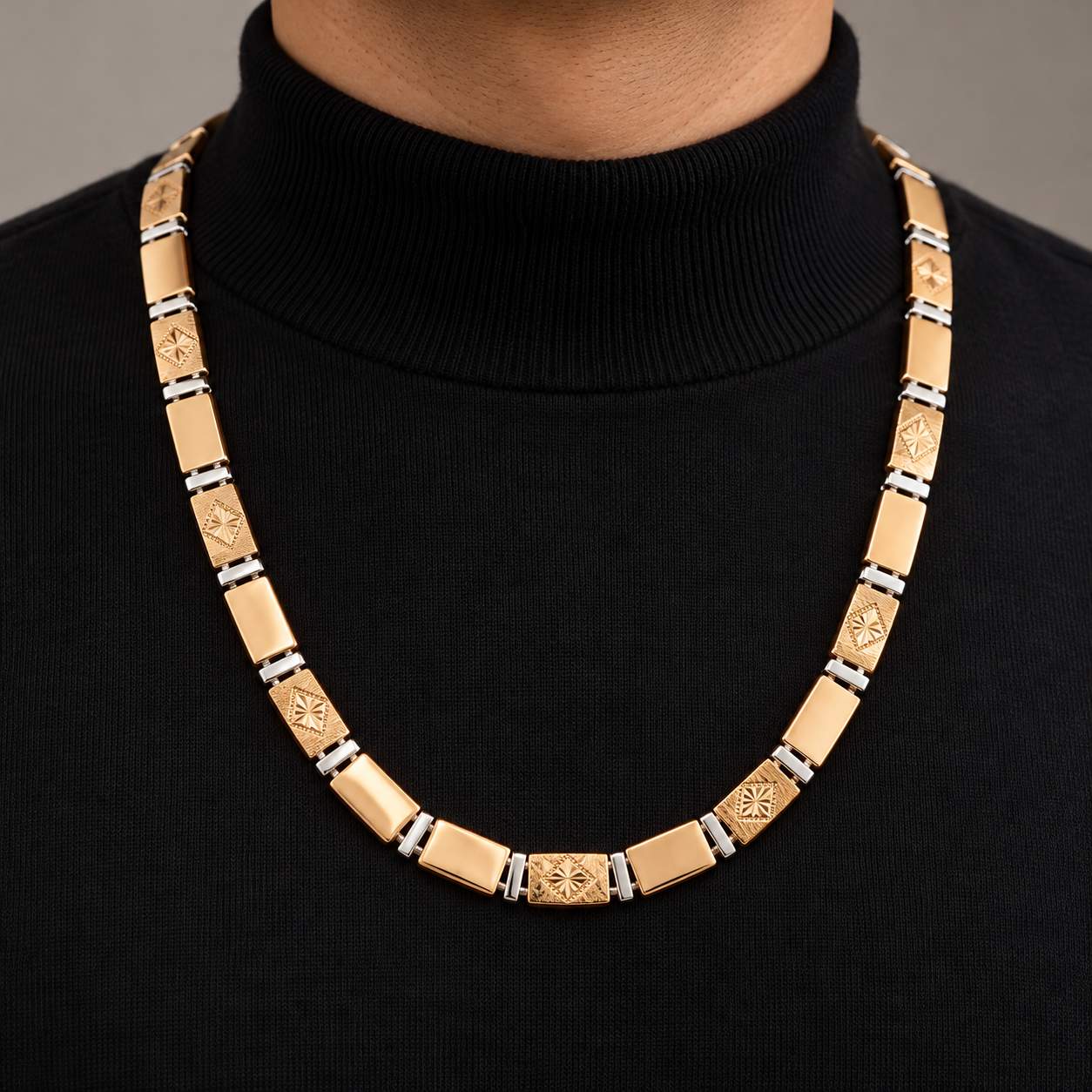 Two-Tone Engraved Starburst Link Necklace