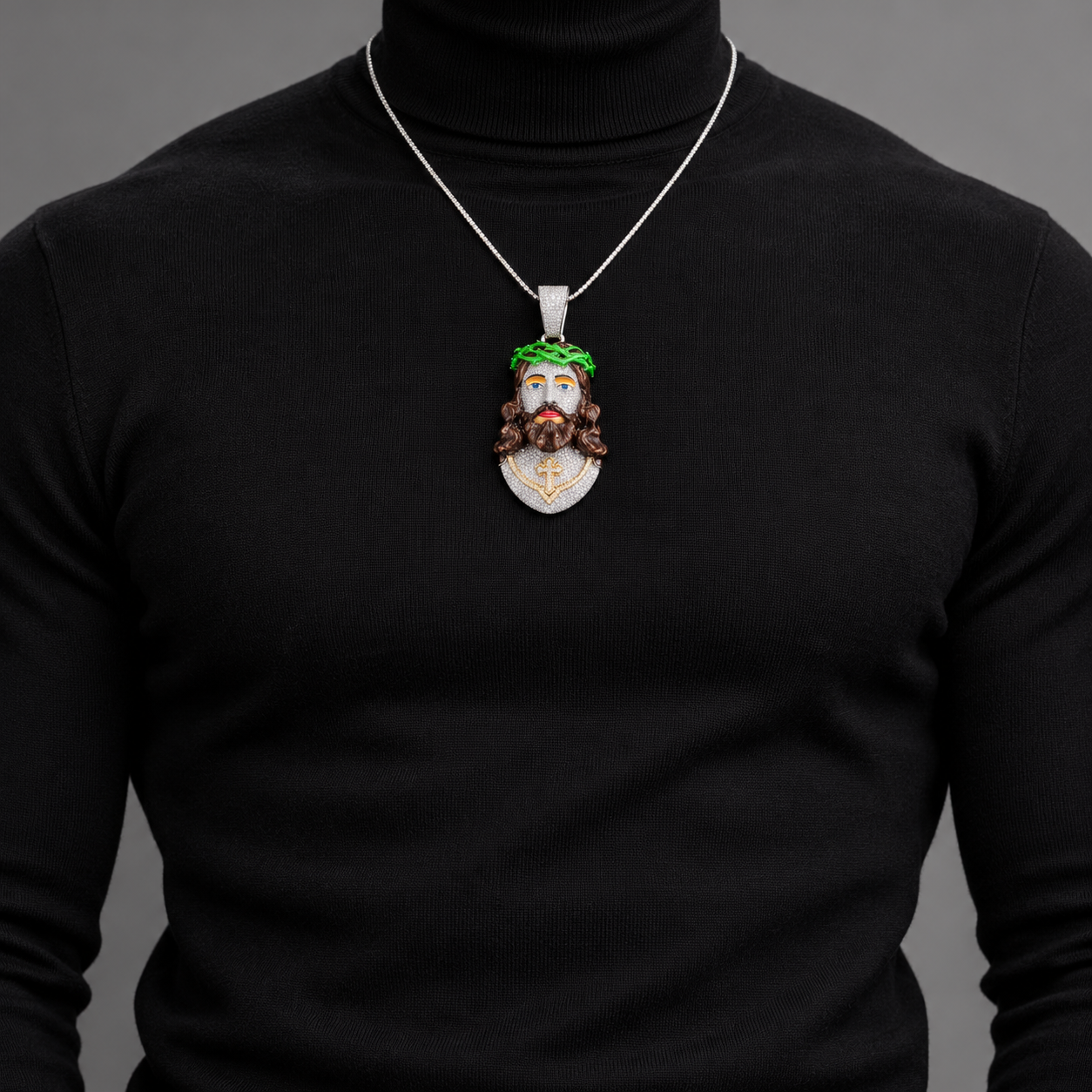 Iced Out Jesus Christ Head Pendant | Multicolor Crown of Thorns Hip Hop Jewelry