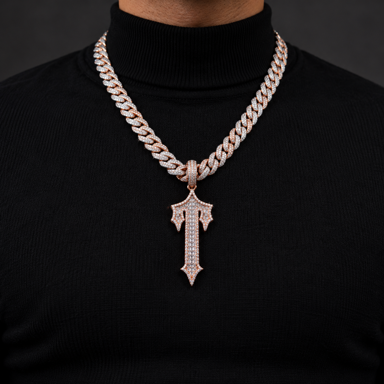Gothic Letter T Baguette Iced Out Rose Gold-Tone Pendant – Custom Initial Hip Hop Jewelry