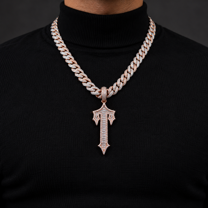 Gothic Letter T Baguette Iced Out Rose Gold-Tone Pendant – Custom Initial Hip Hop Jewelry