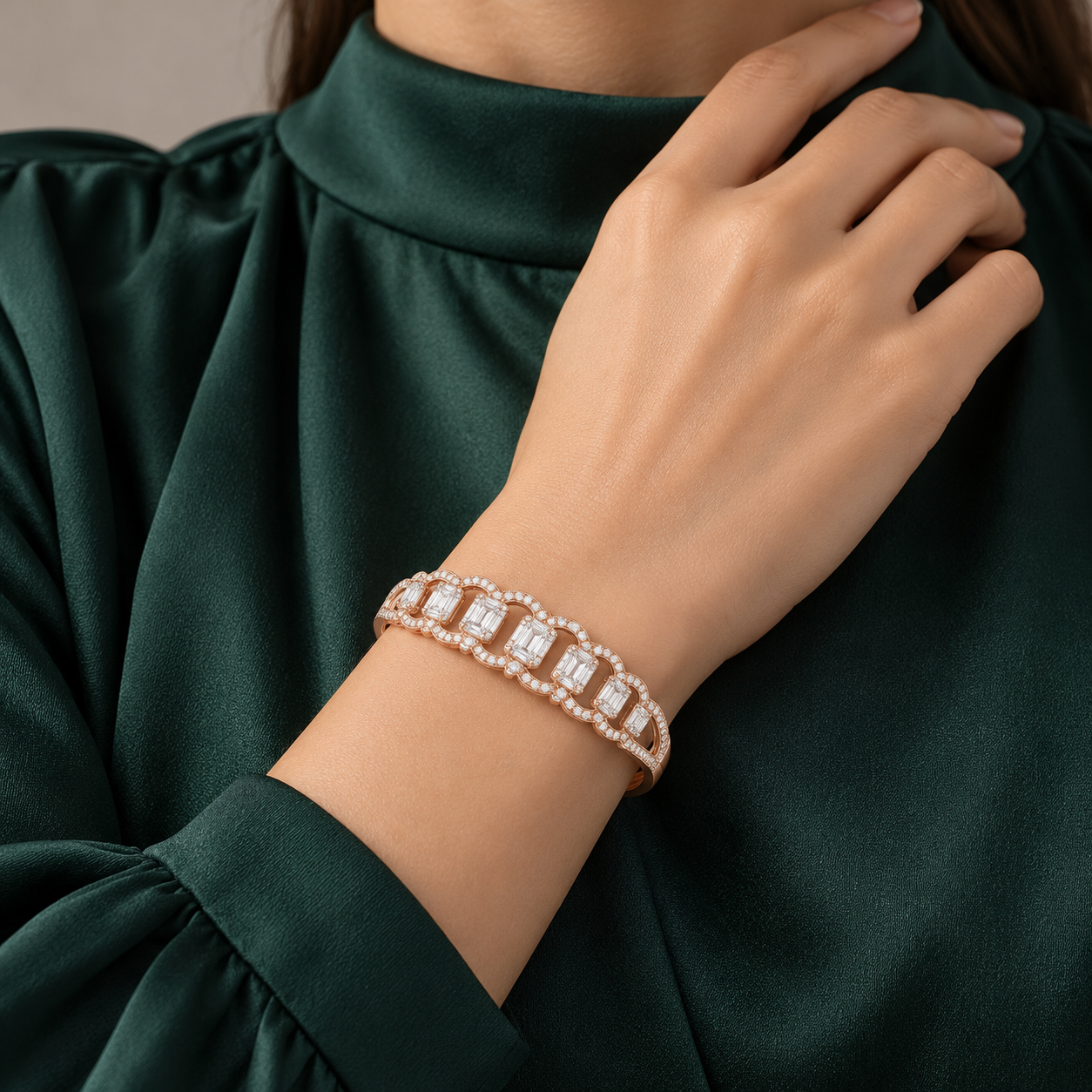 Rose Gold-Tone Emerald-Cut Halo Interlocking Oval Bangle Bracelet