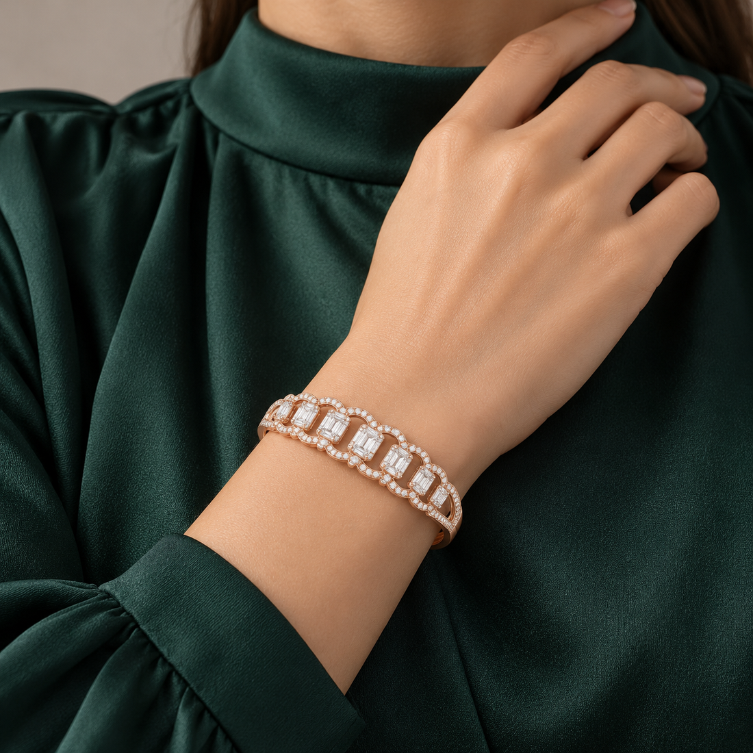 Rose Gold-Tone Emerald-Cut Halo Interlocking Oval Bangle Bracelet