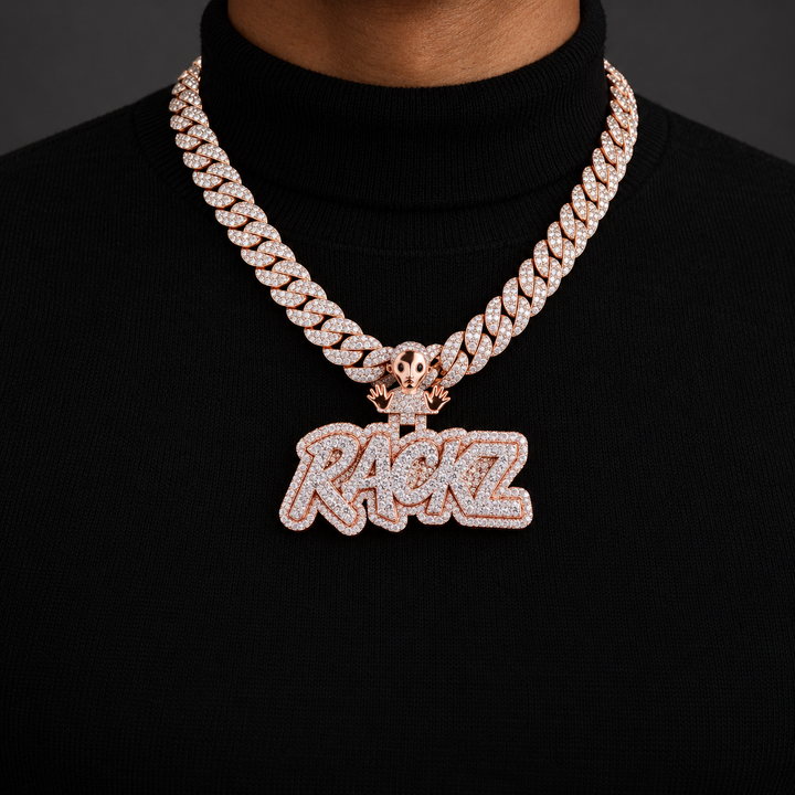 Custom RACKZ Alien Iced Out Rose Gold-Tone Name Pendant – Personalized Hip Hop Jewelry
