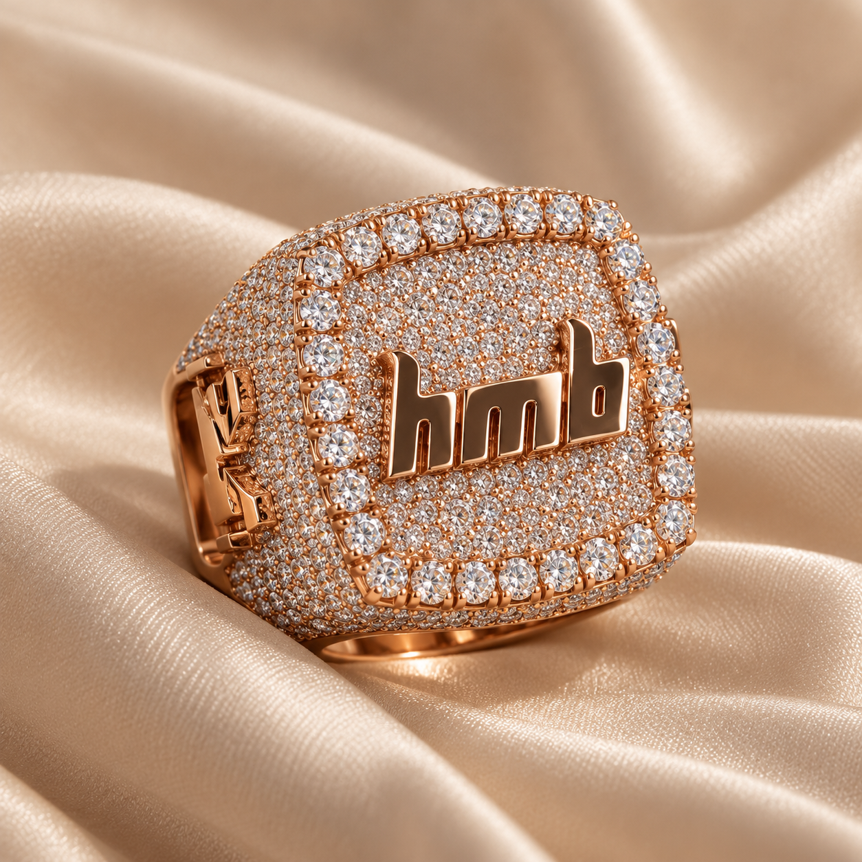 Custom Letter Logo Iced Out Rose Gold-Tone Square Ring – Hip Hop Statement Jewelry