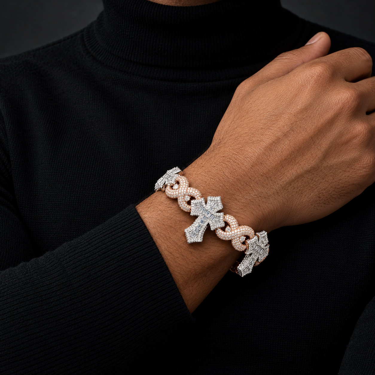 Two Tone Baguette Cross & Infinity Link Bracelet – White and Rose Gold-Tone Iced Out Jewelry