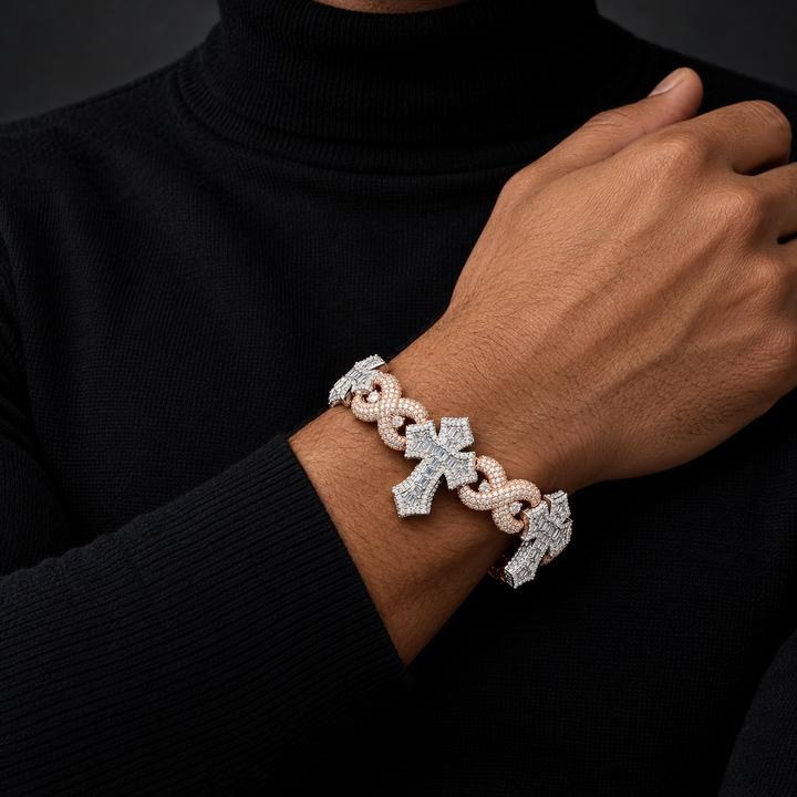 Two Tone Baguette Cross & Infinity Link Bracelet – White and Rose Gold-Tone Iced Out Jewelry