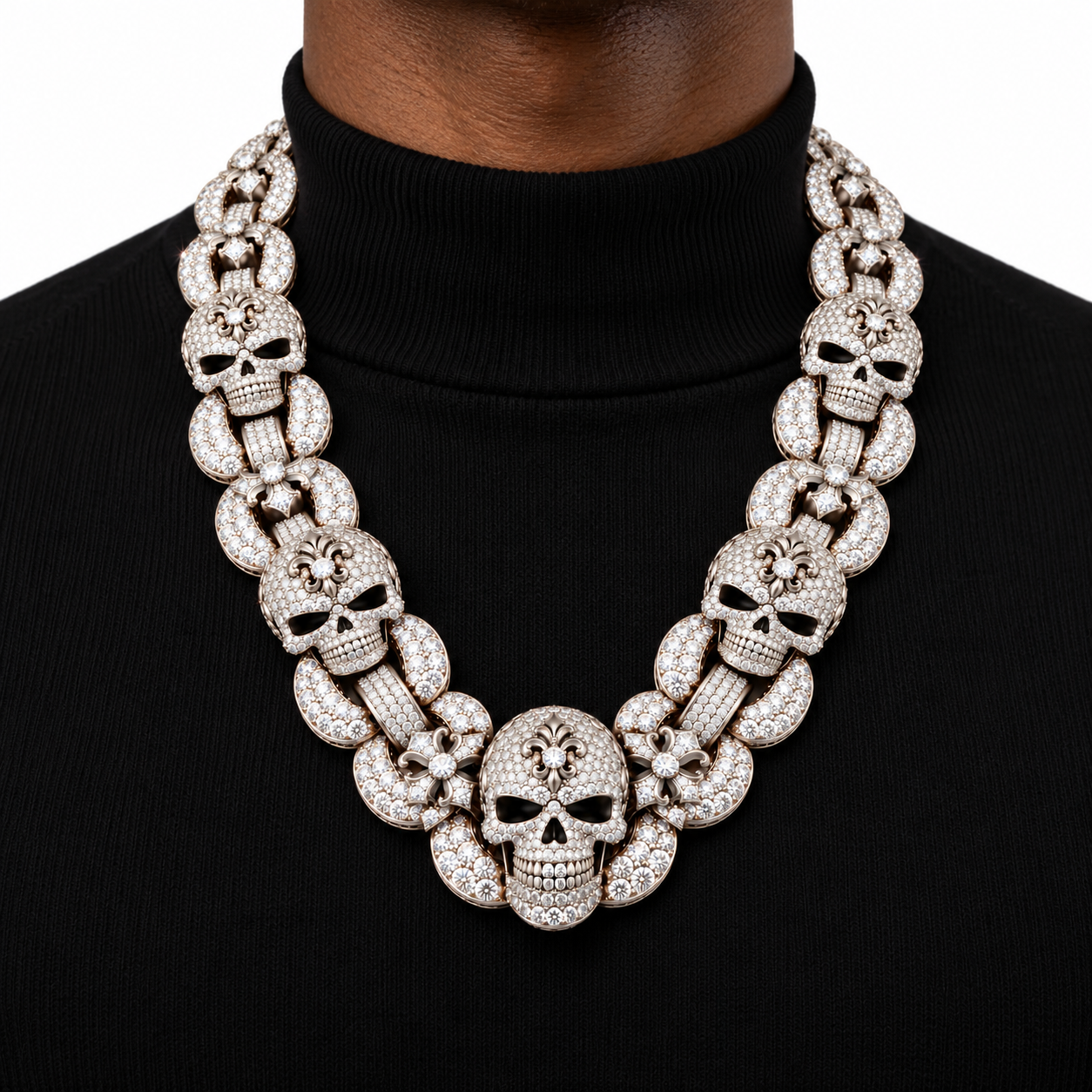 Iced Out Skull & Fleur-de-Lis Link Necklace | Custom Hip Hop Jewelry