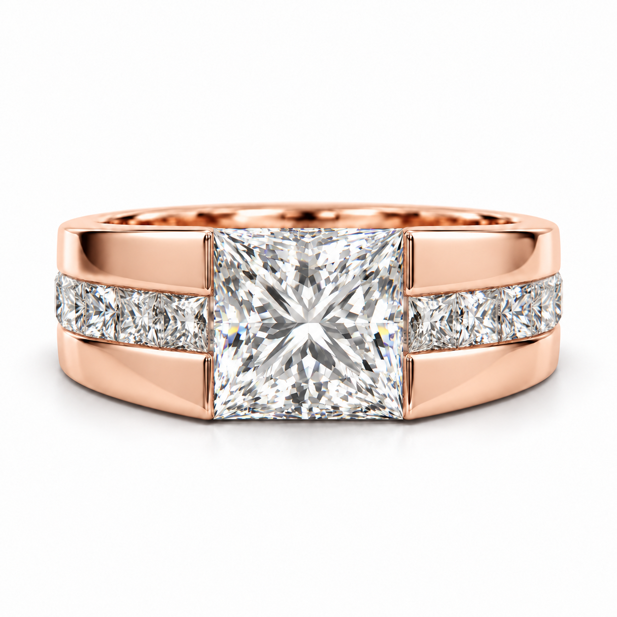 Princess Cut Center Stone White Metal Ring with Channel Set Shoulders