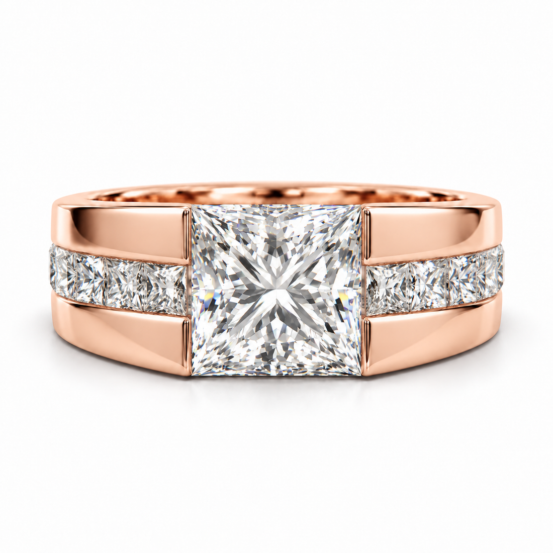 Princess Cut Center Stone White Metal Ring with Channel Set Shoulders