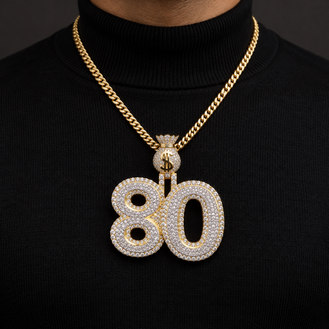 Custom Number 80 Iced Out Yellow Gold-Tone Pendant with Money Bag Bail – Hip Hop Jewelry