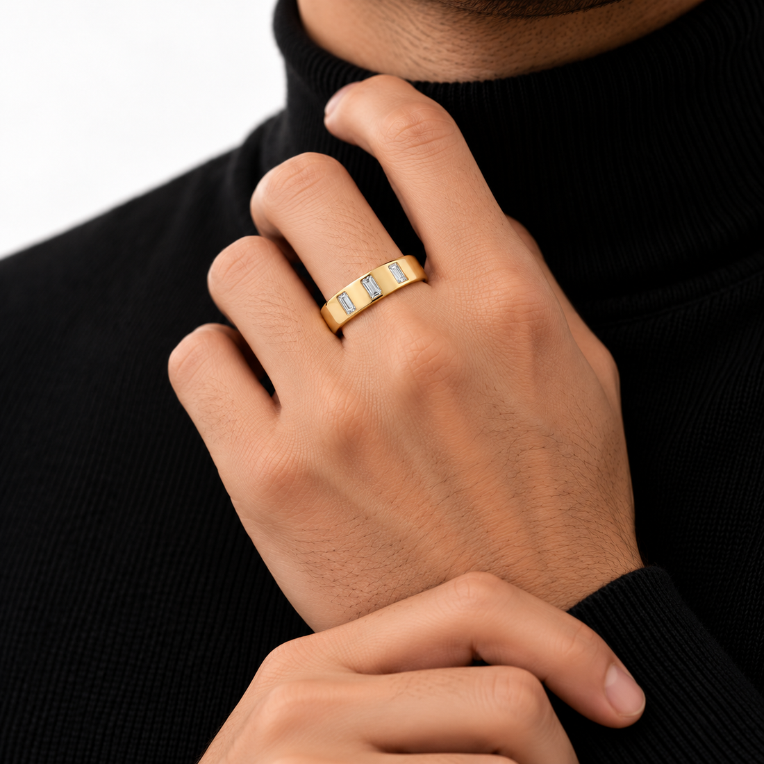 Three Stone Vertical Baguette Yellow Gold-Tone Band Ring