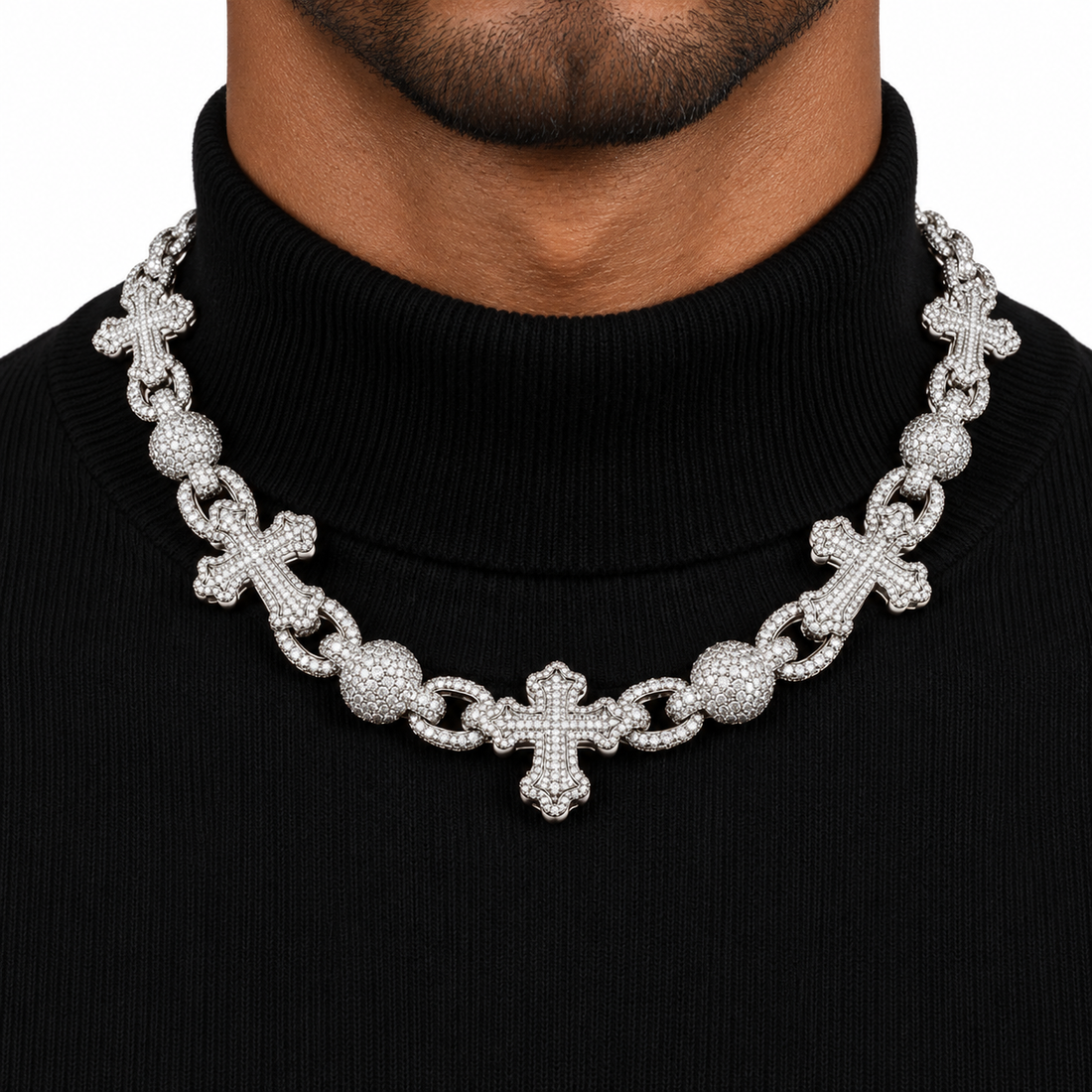 Custom Iced Out Cross & Bead Link Chain Necklace