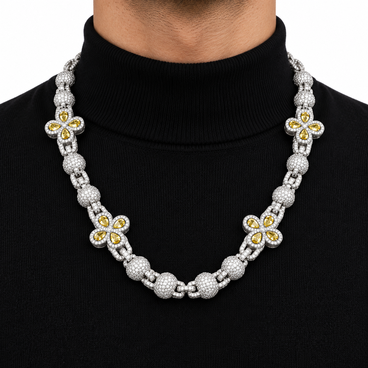 Iced Out Yellow Stone Floral Bead Link Necklace | Custom Hip Hop Jewelry