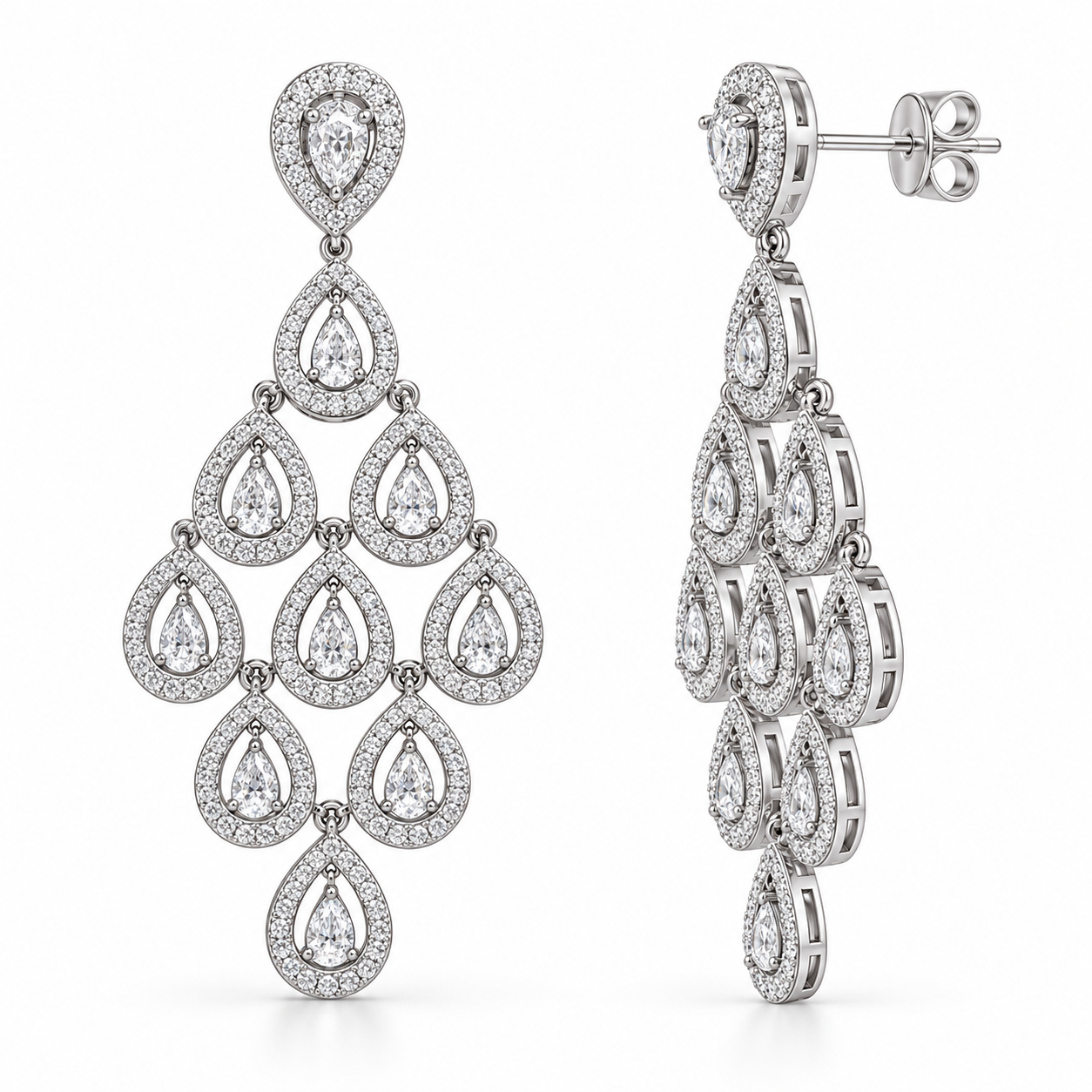Pear-Shaped Pavé Teardrop Chandelier Earrings in White Gold Tone