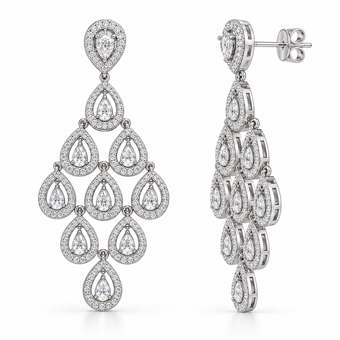 Pear-Shaped Pavé Teardrop Chandelier Earrings in White Gold Tone