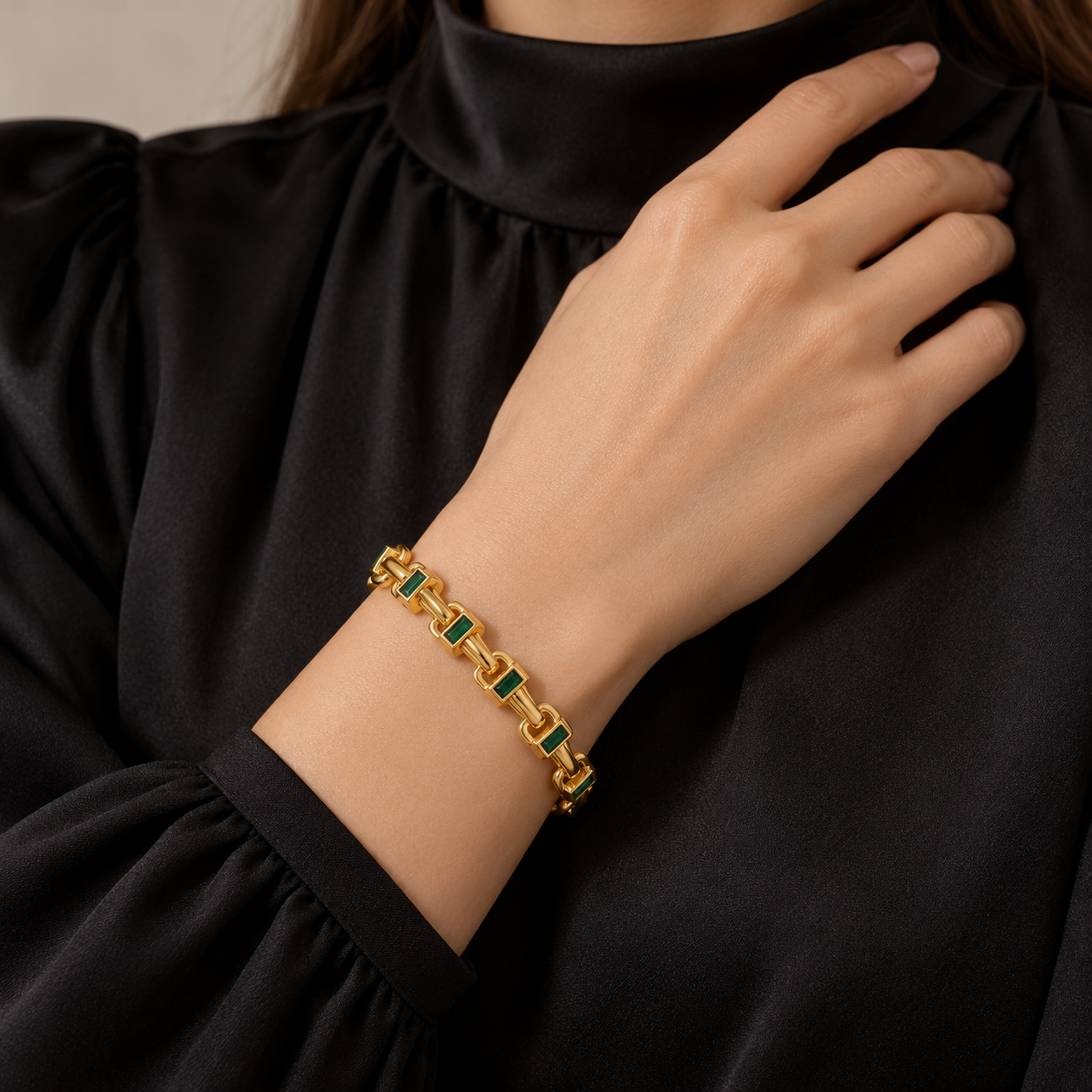 Green Rectangular Stone Yellow Gold-Tone Geometric Link Bracelet