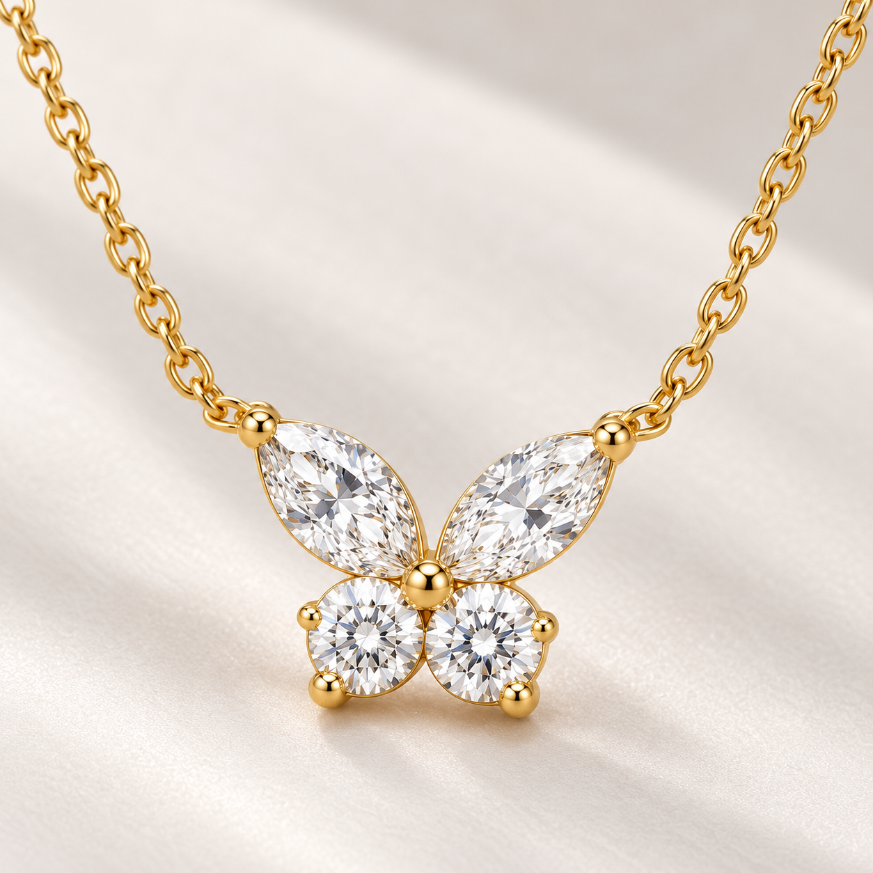 Marquise & Round Cut Butterfly Yellow Gold Necklace