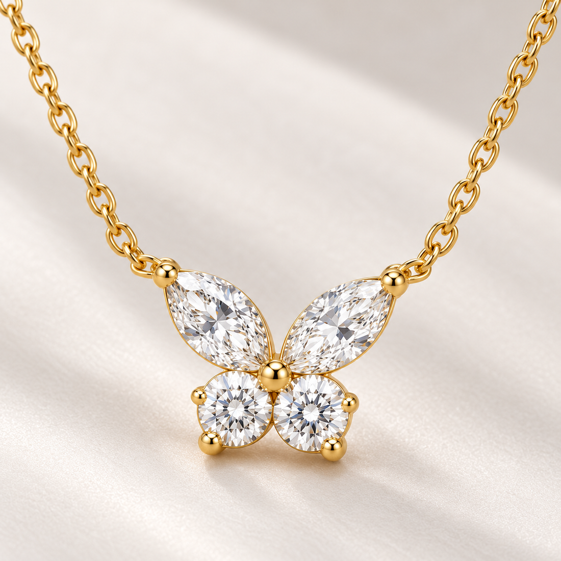 Marquise & Round Cut Butterfly Yellow Gold Necklace