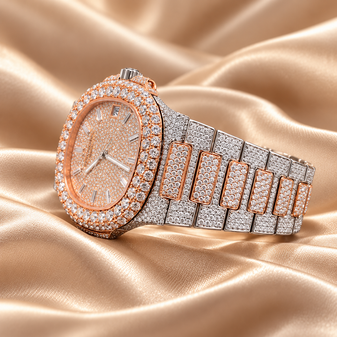 Iced Out Round Two Tone Rose Gold & Silver-Tone Watch – Custom Diamond Statement Watch