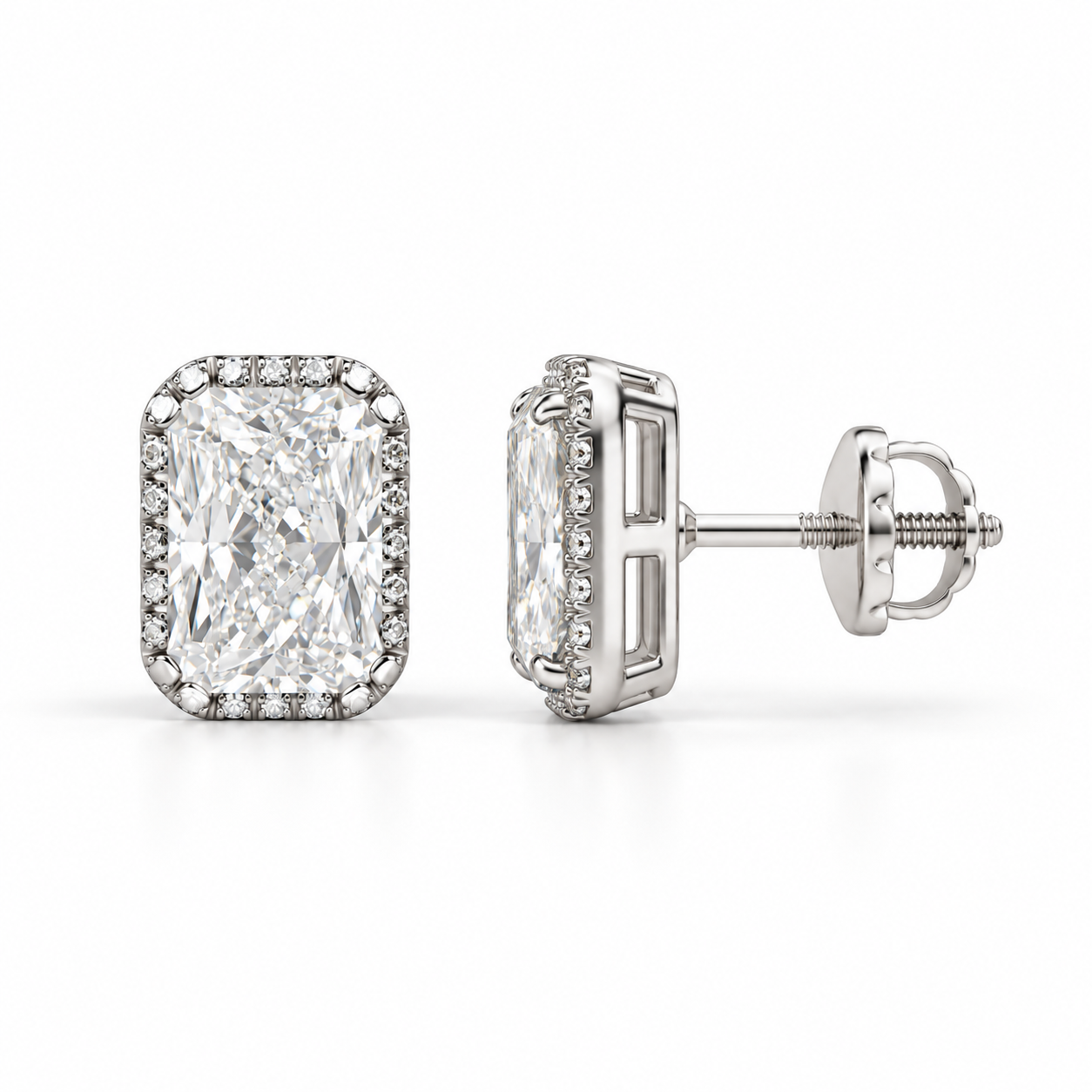 Radiant Cut Halo Stud Earrings with Screw Backs