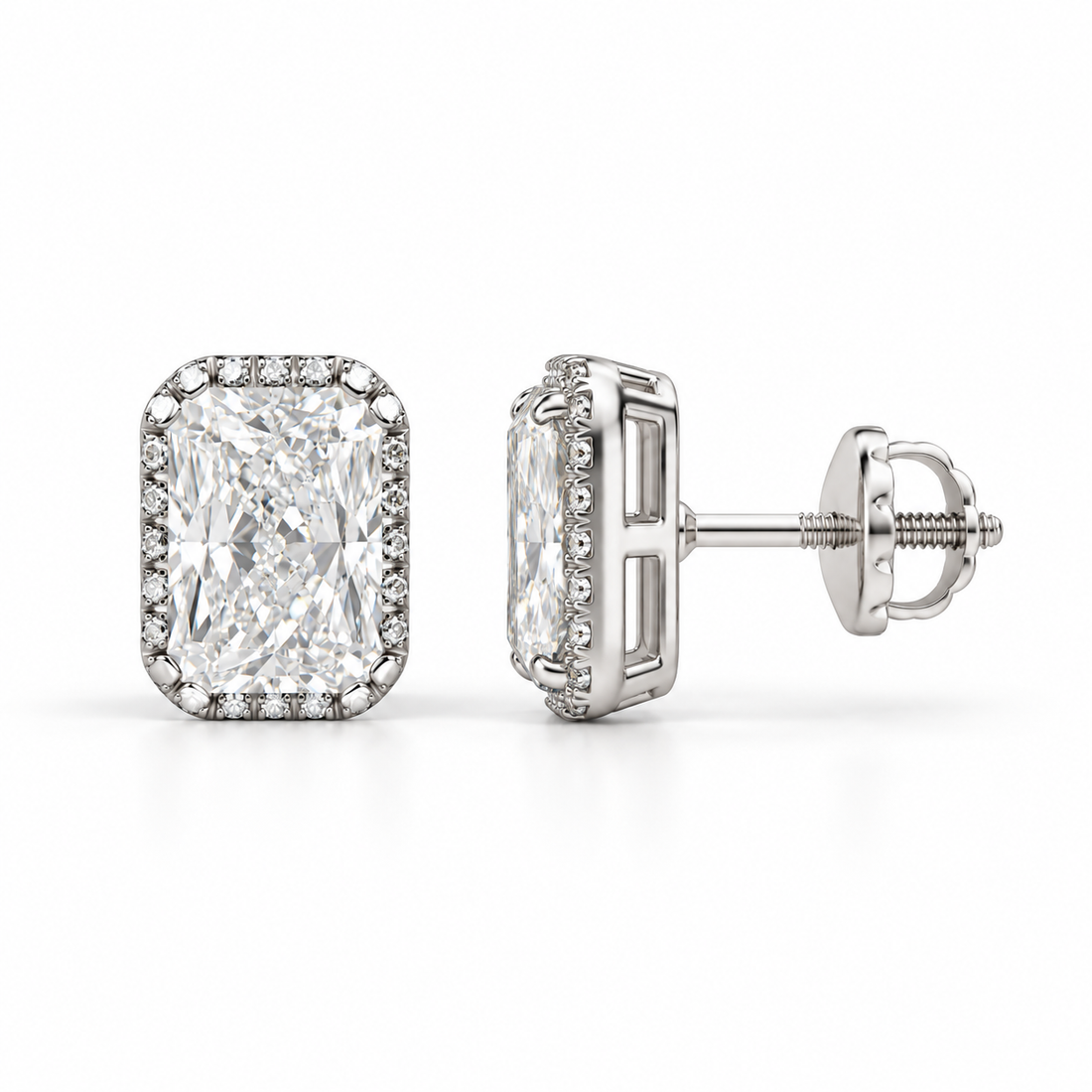 Radiant Cut Halo Stud Earrings with Screw Backs