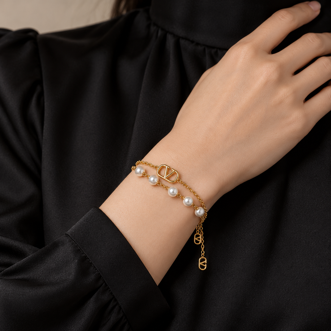 White Pearl Double-Strand Yellow Gold-Tone V Motif Bracelet