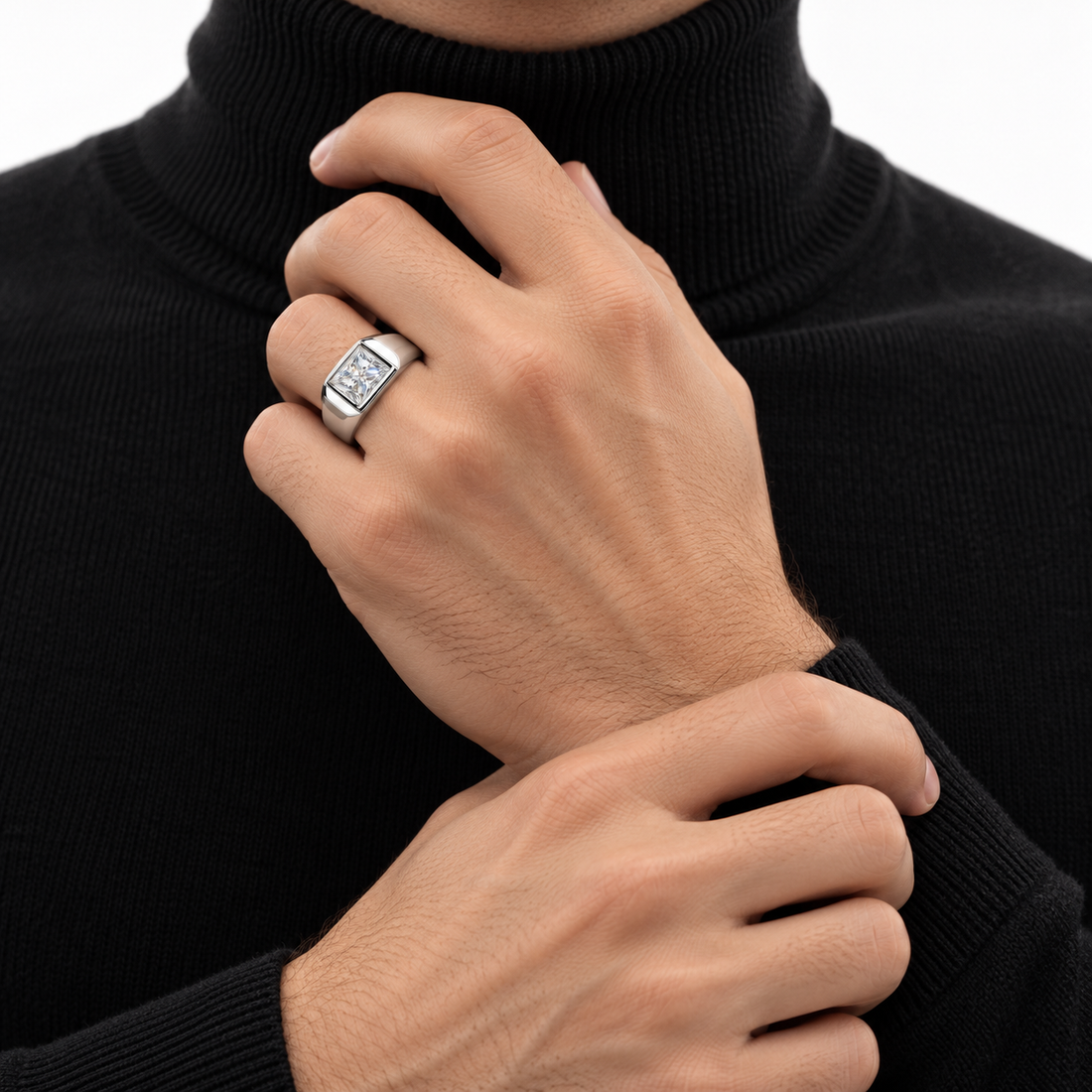 Princess Cut Solitaire White Metal Bezel-Style Signet Ring