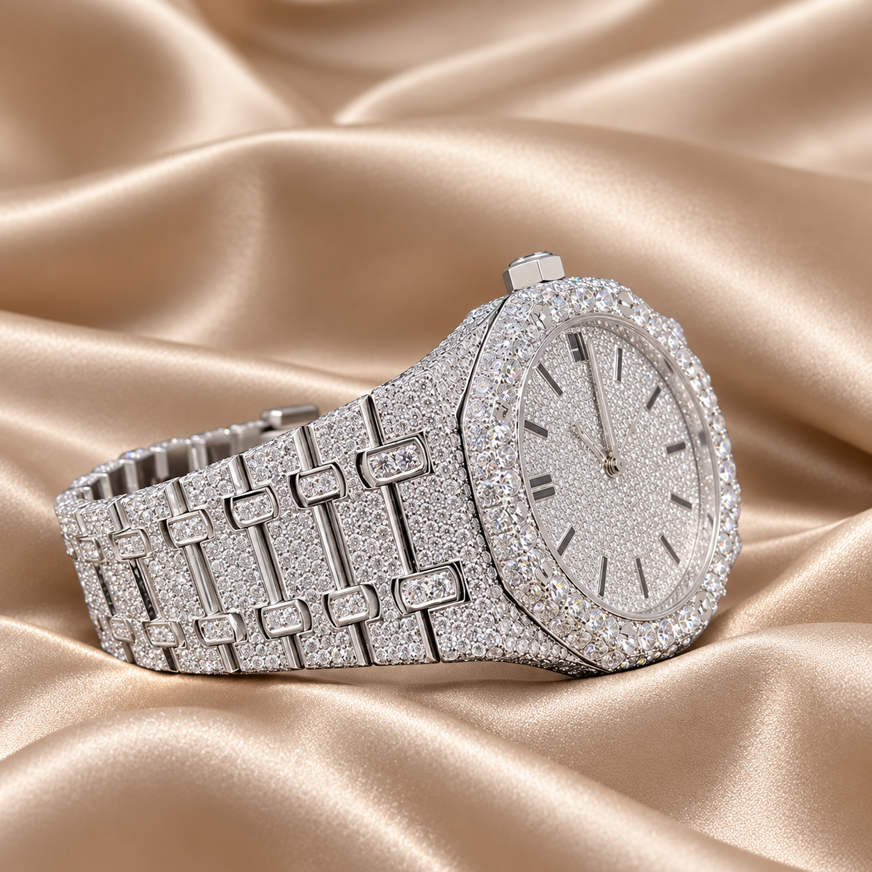 Iced Out Octagonal Silver-Tone Watch – Custom Diamond Statement Watch