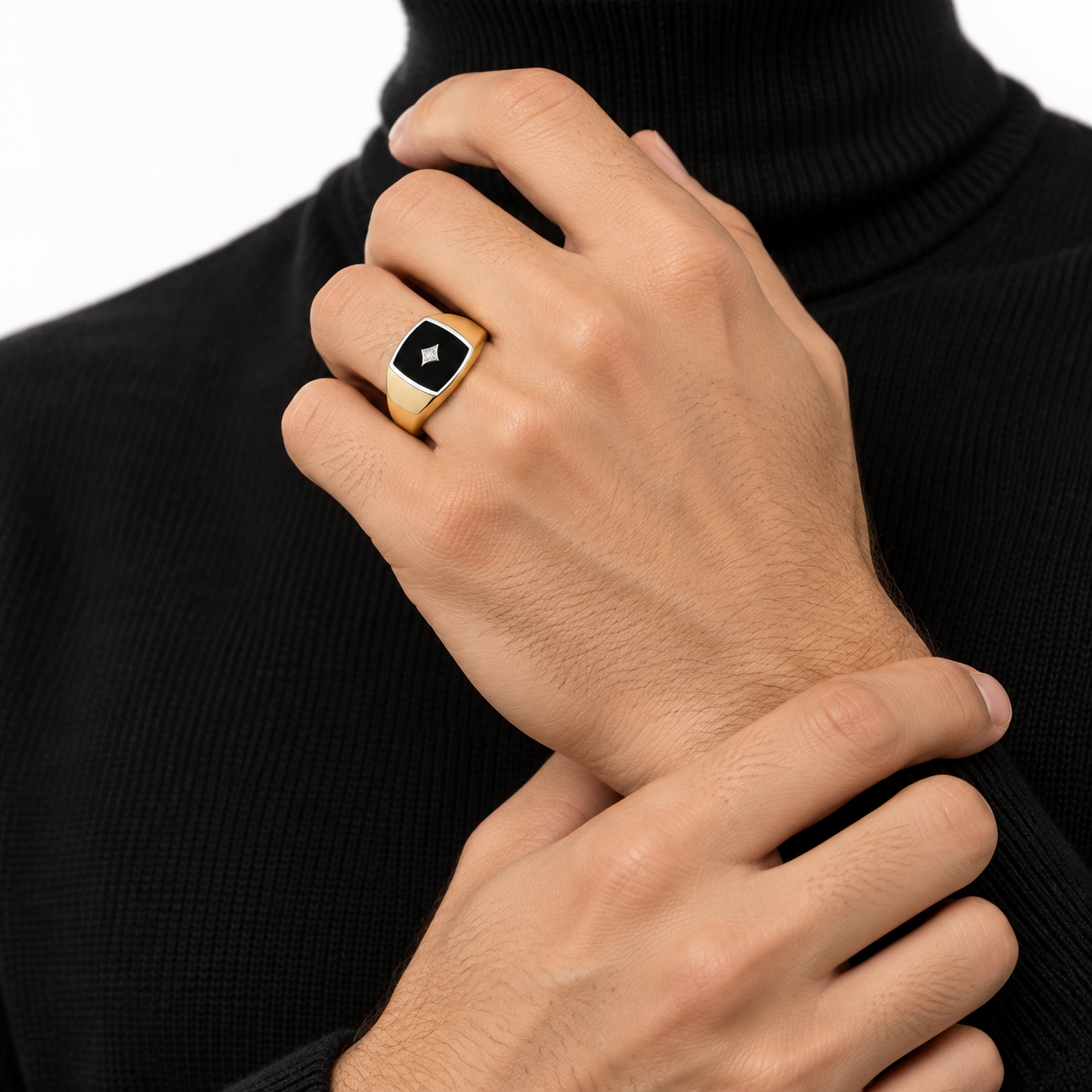 Black Panel Two-Tone Signet Ring with Star Motif Stone Accent