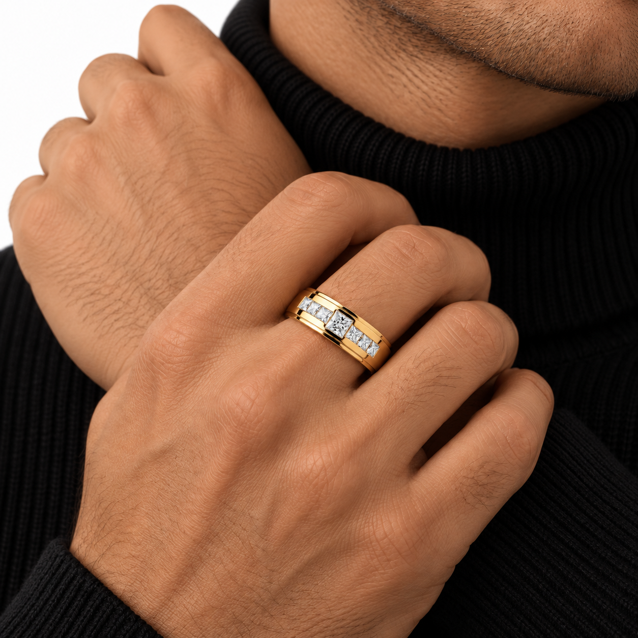 Seven Stone Princess Cut Yellow Gold-Tone Band Ring