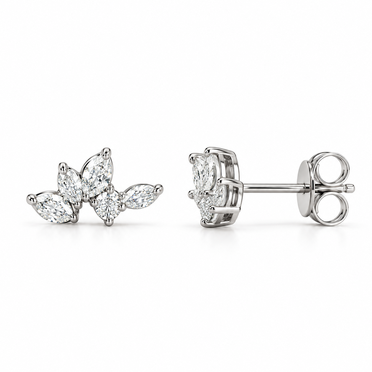 Marquise & Round Stone Leaf Cluster Stud Earrings