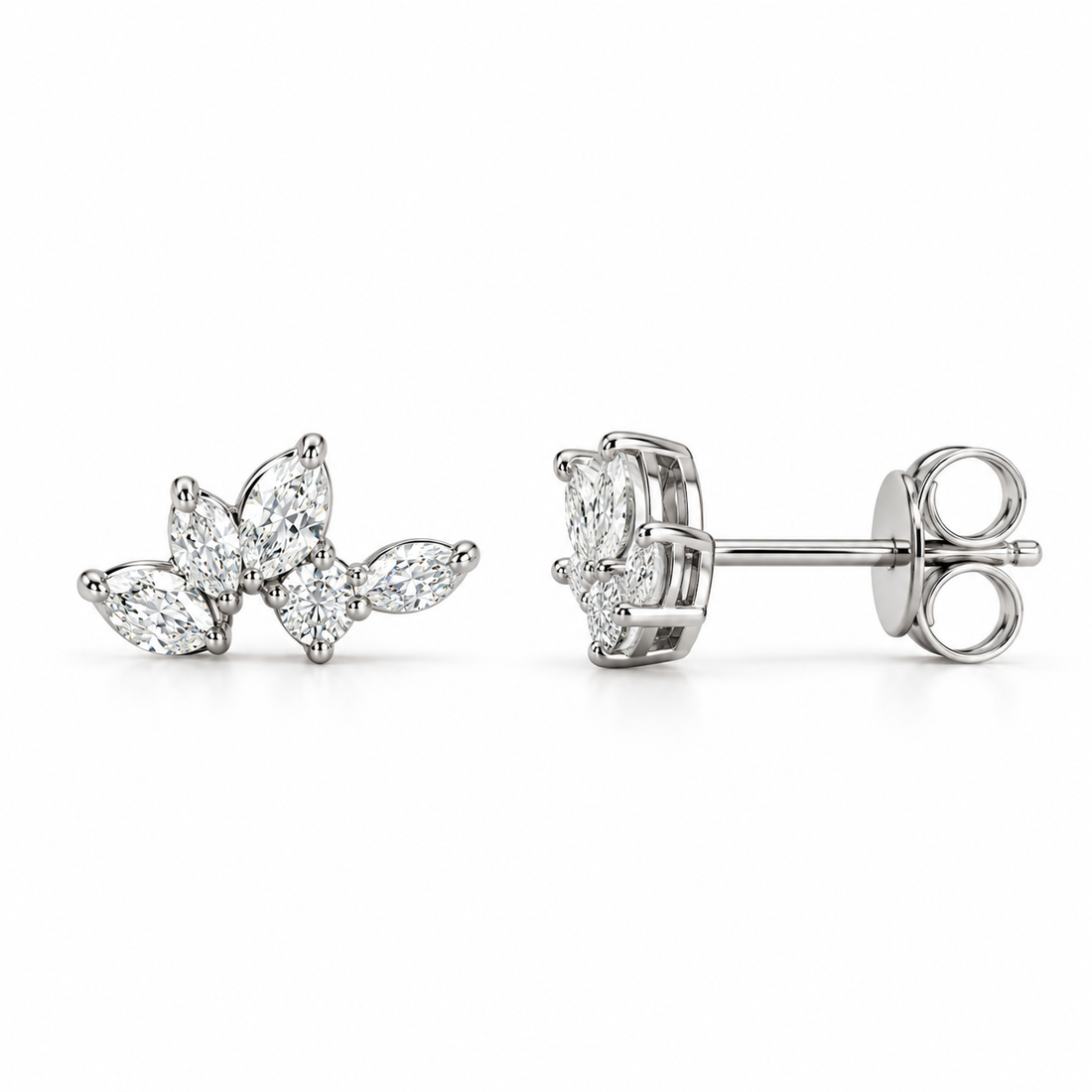 Marquise & Round Stone Leaf Cluster Stud Earrings