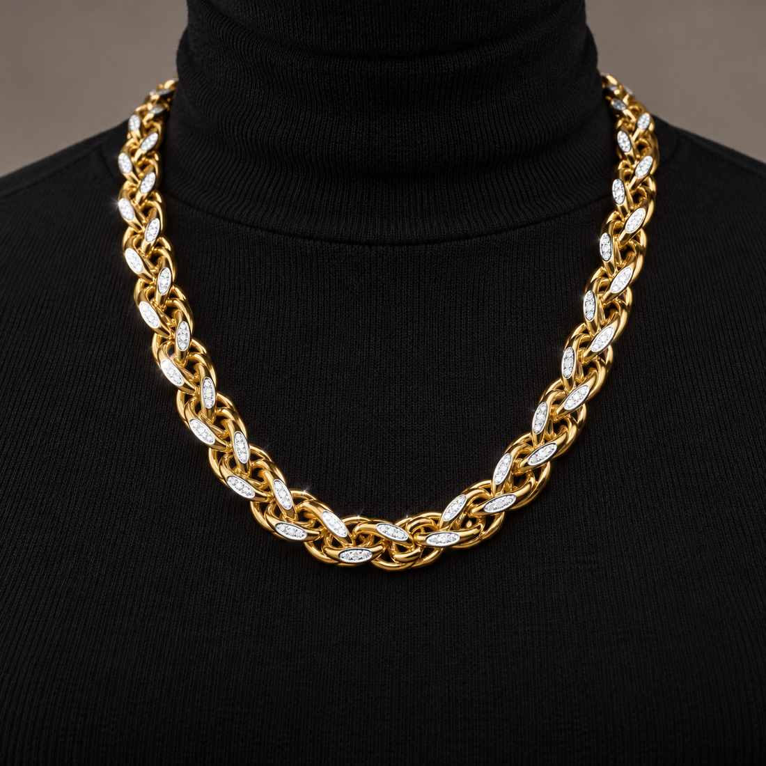 Men’s Pavé Leaf Accent Interwoven Link Chain Necklace