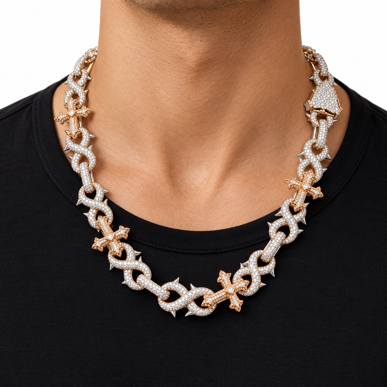 Iced Out Gothic Cross & Thorn Link Necklace | Custom Hip Hop Jewelry