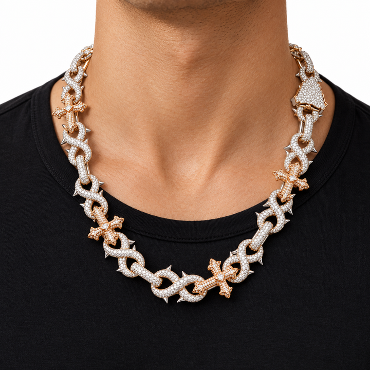 Iced Out Gothic Cross & Thorn Link Necklace | Custom Hip Hop Jewelry