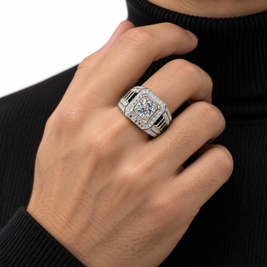 Round Center Octagonal Halo White Metal Ring with Ribbed Shoulders