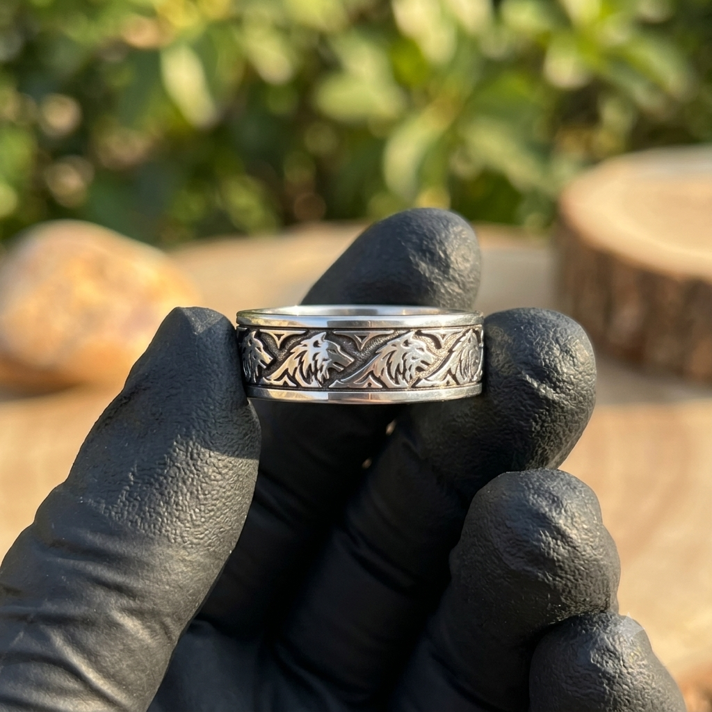 Howling Wolf Animal Motif Silver Tone Celtic Statement Ring