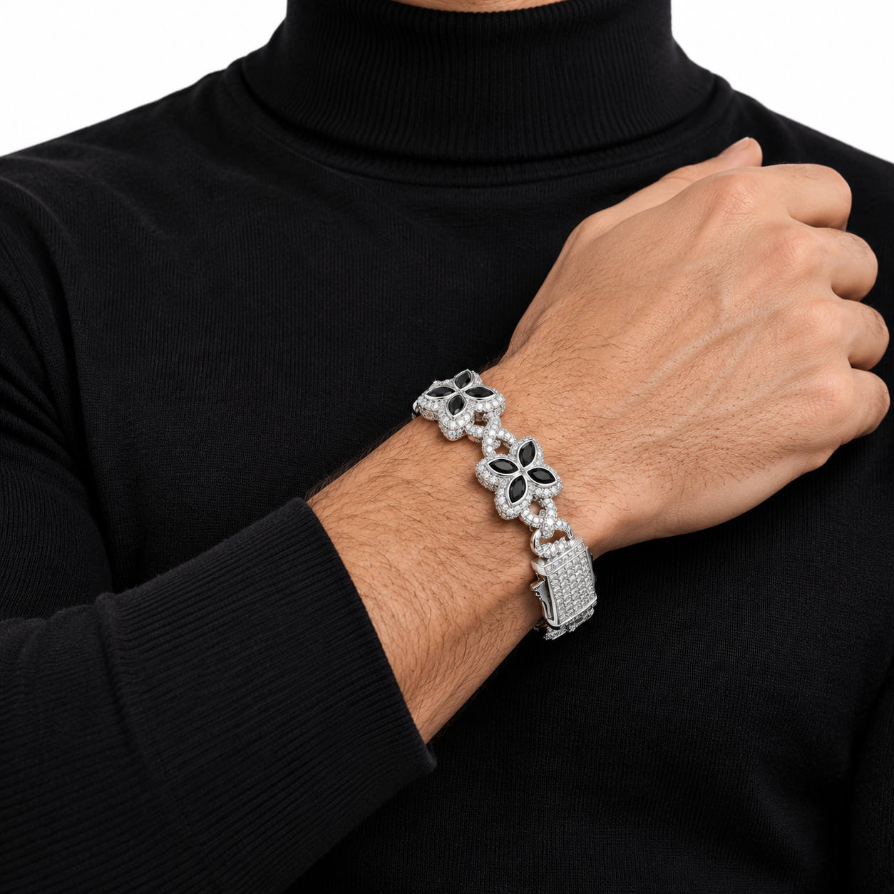 Iced Out Black Onyx Four Petal Clover Bracelet | Custom Hip Hop Jewelry