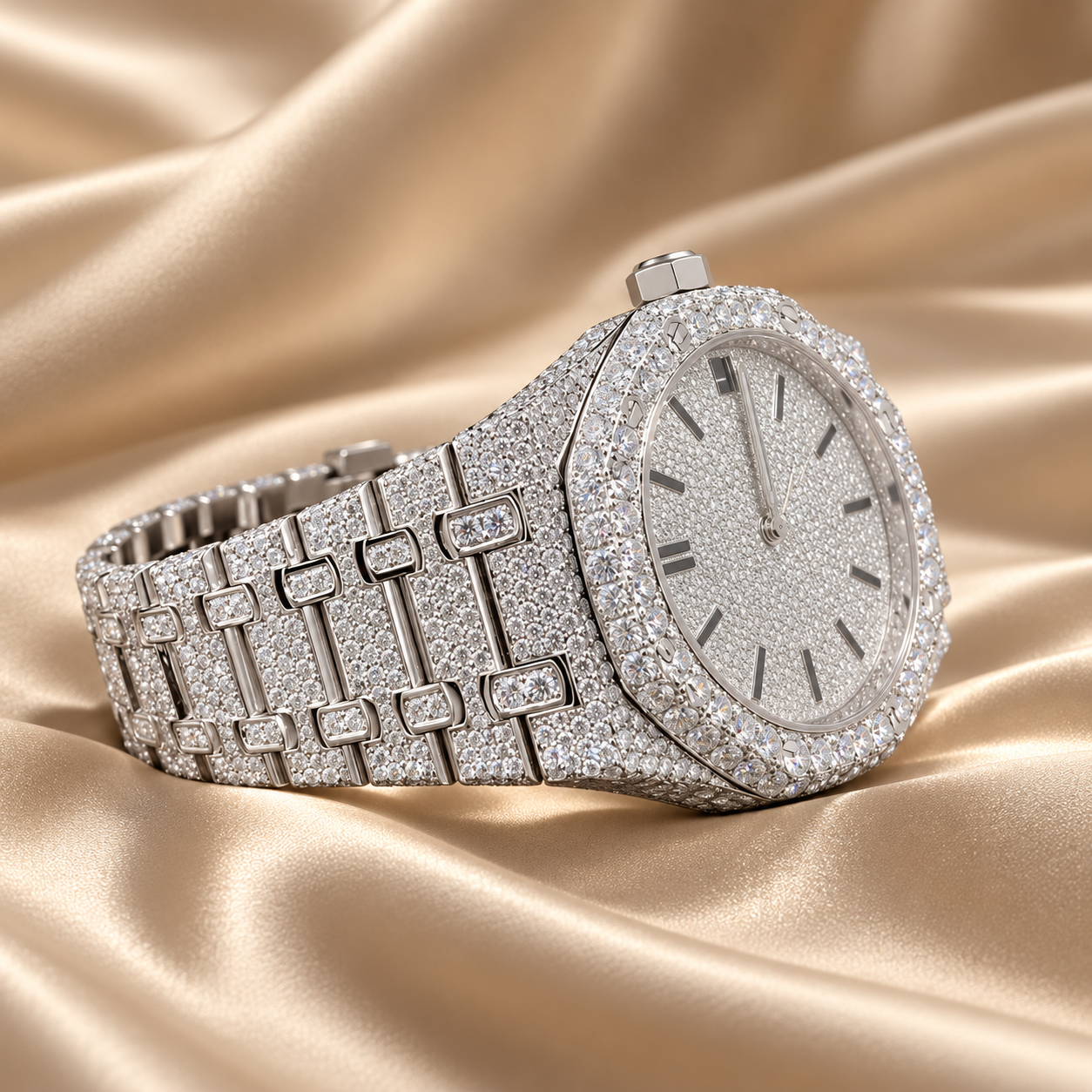 Iced Out Octagonal Date Dial Silver-Tone Watch – Custom Diamond Statement Watch