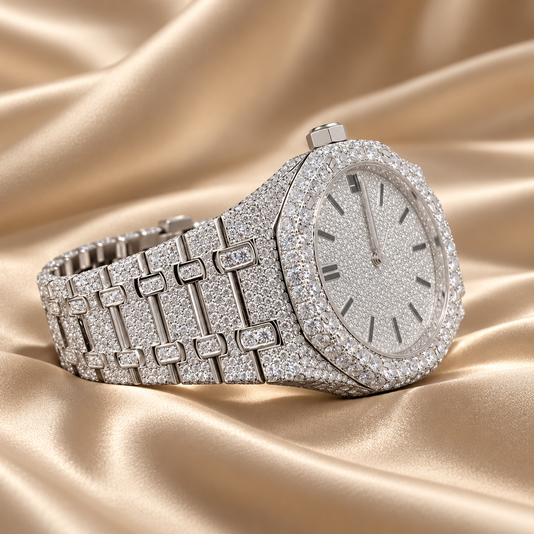 Iced Out Octagonal Date Dial Silver-Tone Watch – Custom Diamond Statement Watch