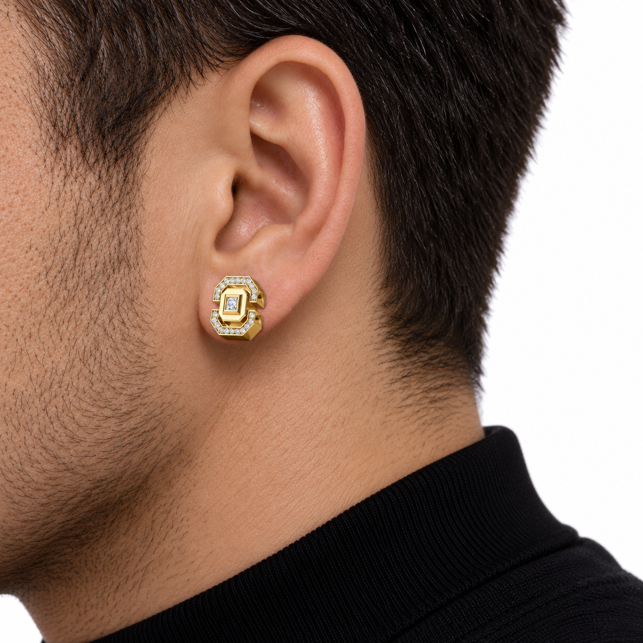 Men’s Square Center Stone Geometric Yellow Gold-Tone Stud Earring