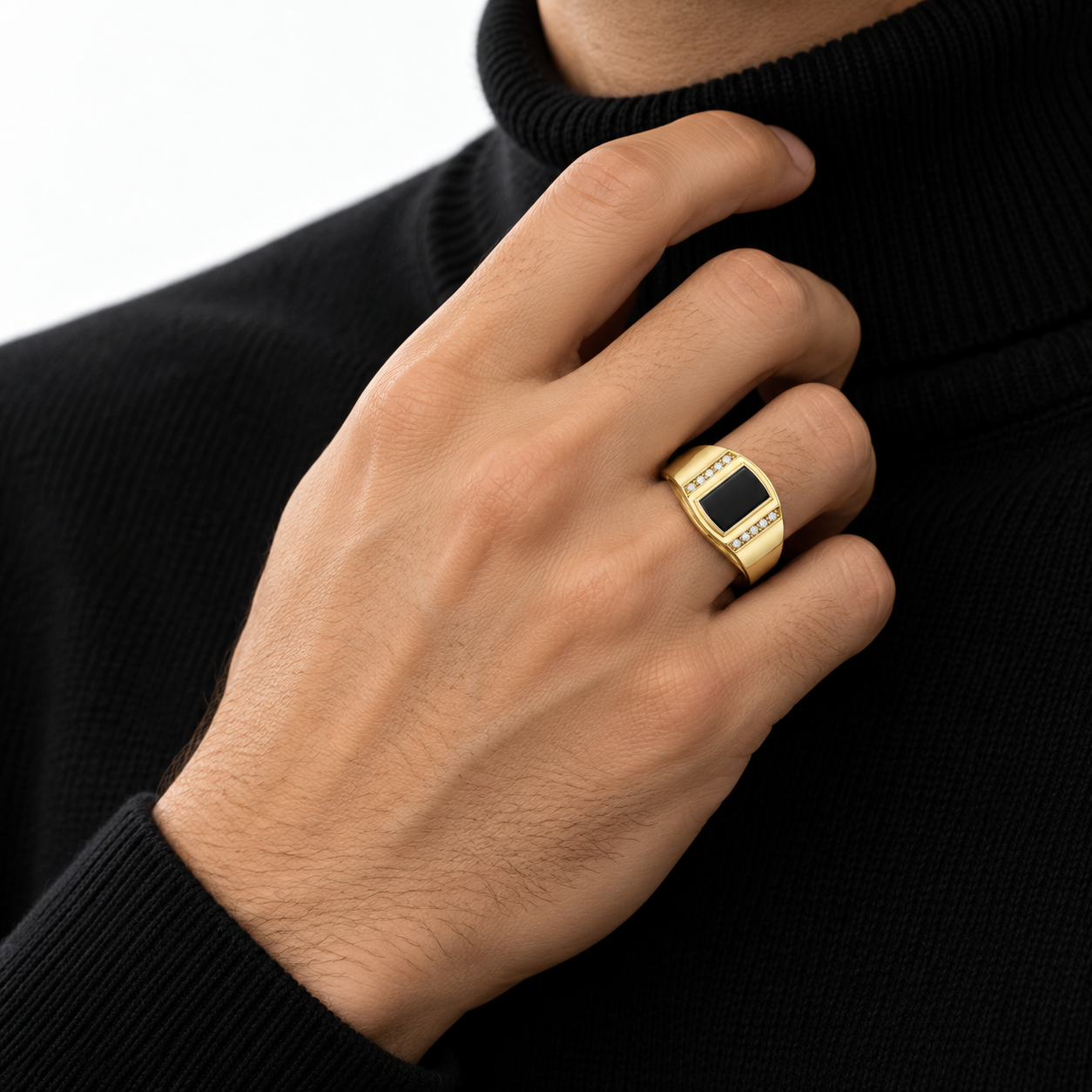 Rectangular Black Panel Yellow Gold-Tone Signet Ring with Round Stone Accents